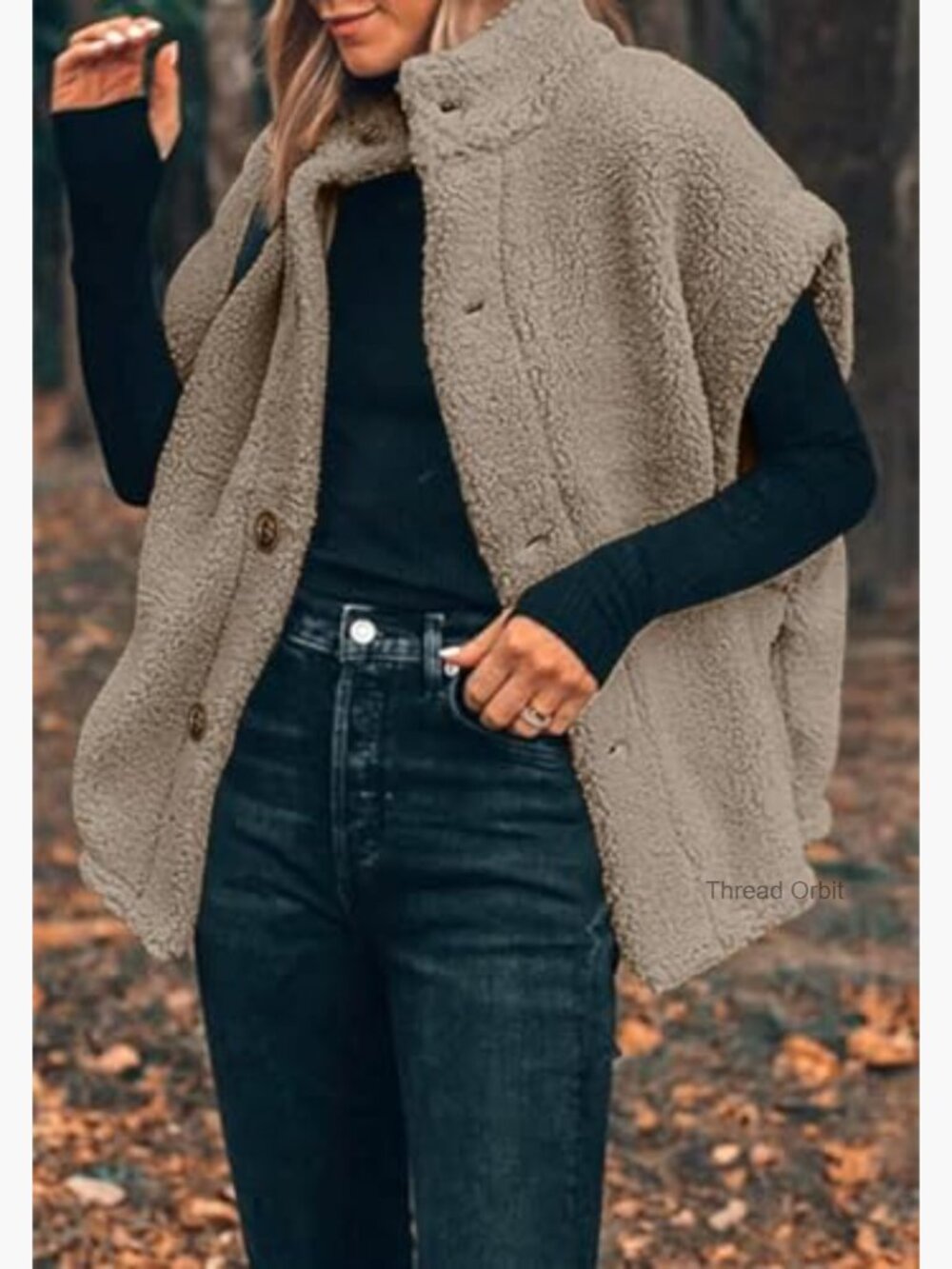 Oversized Fuzzy Fleece Vest Button Down Sherpa Vest Jacket with Pockets - Picture 3 of 7